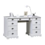Grand bureau blanc de style anglais avec 9 tiroirs